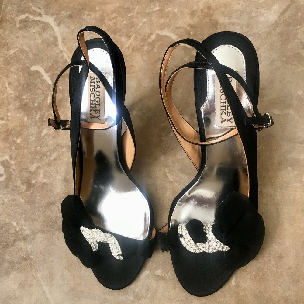 Badgley Mischka Black Satin Sandals Crystal 7.5